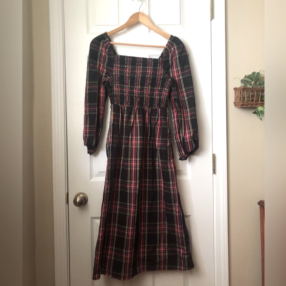J. Crew Tartan Plaid Shirred Midi Dress in Size Small